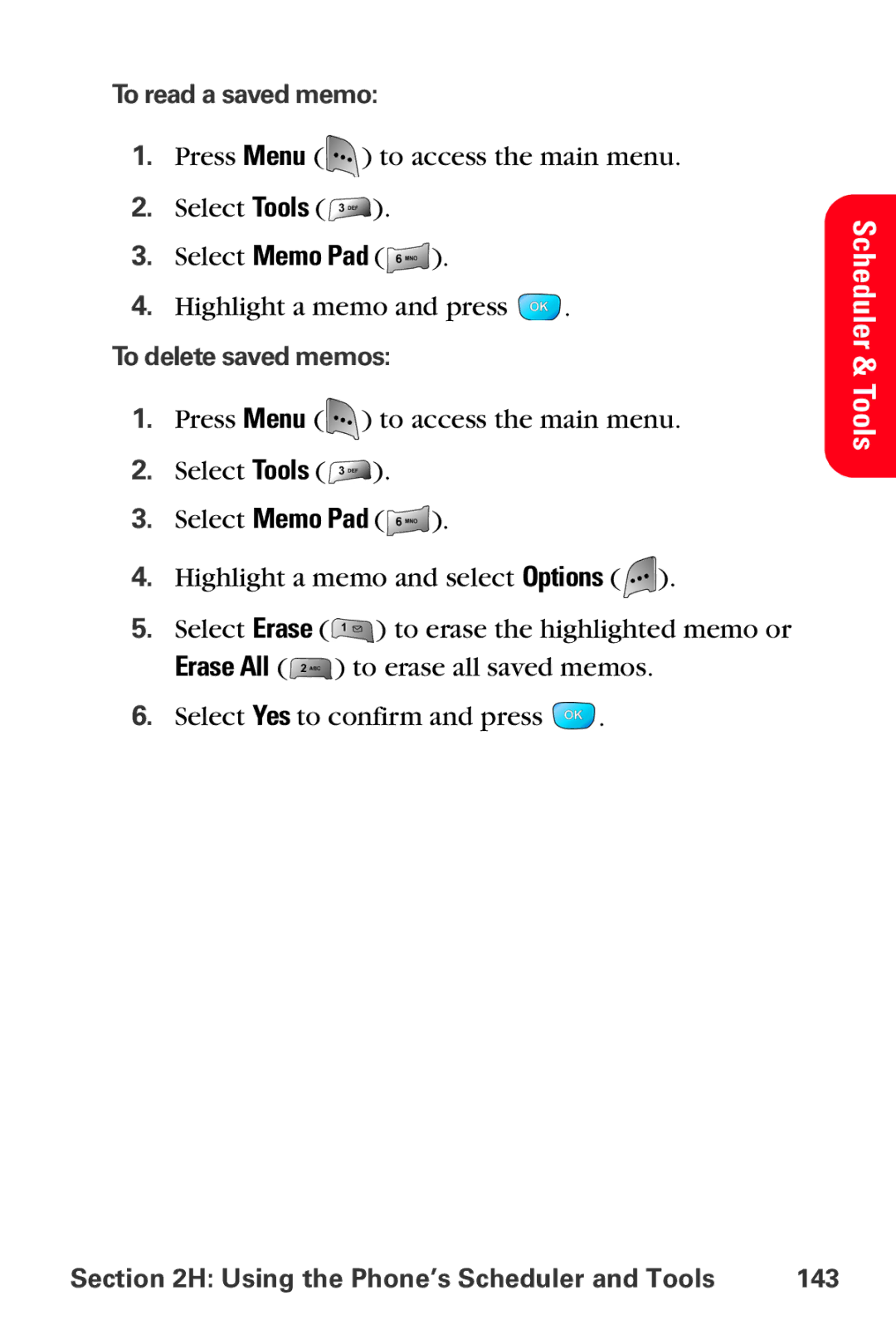 Samsung MM-A800 manual To read a saved memo, To delete saved memos, Using the Phone’s Scheduler and Tools 143 