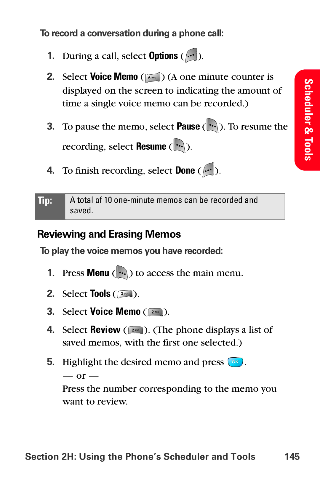 Samsung MM-A800 manual Reviewing and Erasing Memos, To record a conversation during a phone call 