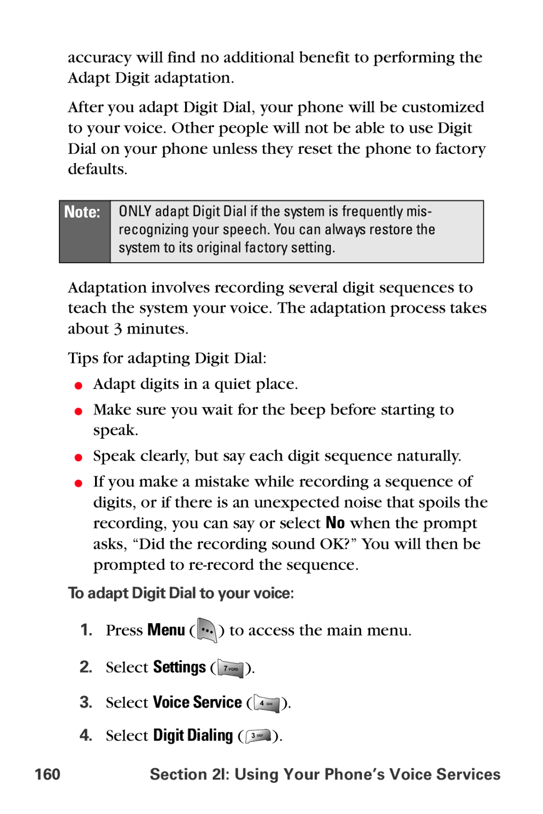 Samsung MM-A800 manual Select Voice Service Select Digit Dialing, To adapt Digit Dial to your voice, 160 