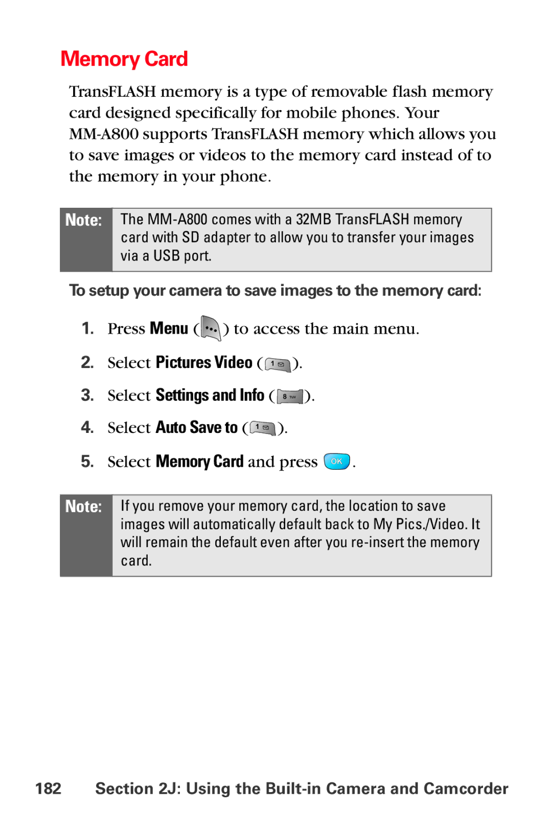 Samsung MM-A800 manual Memory Card, To setup your camera to save images to the memory card 