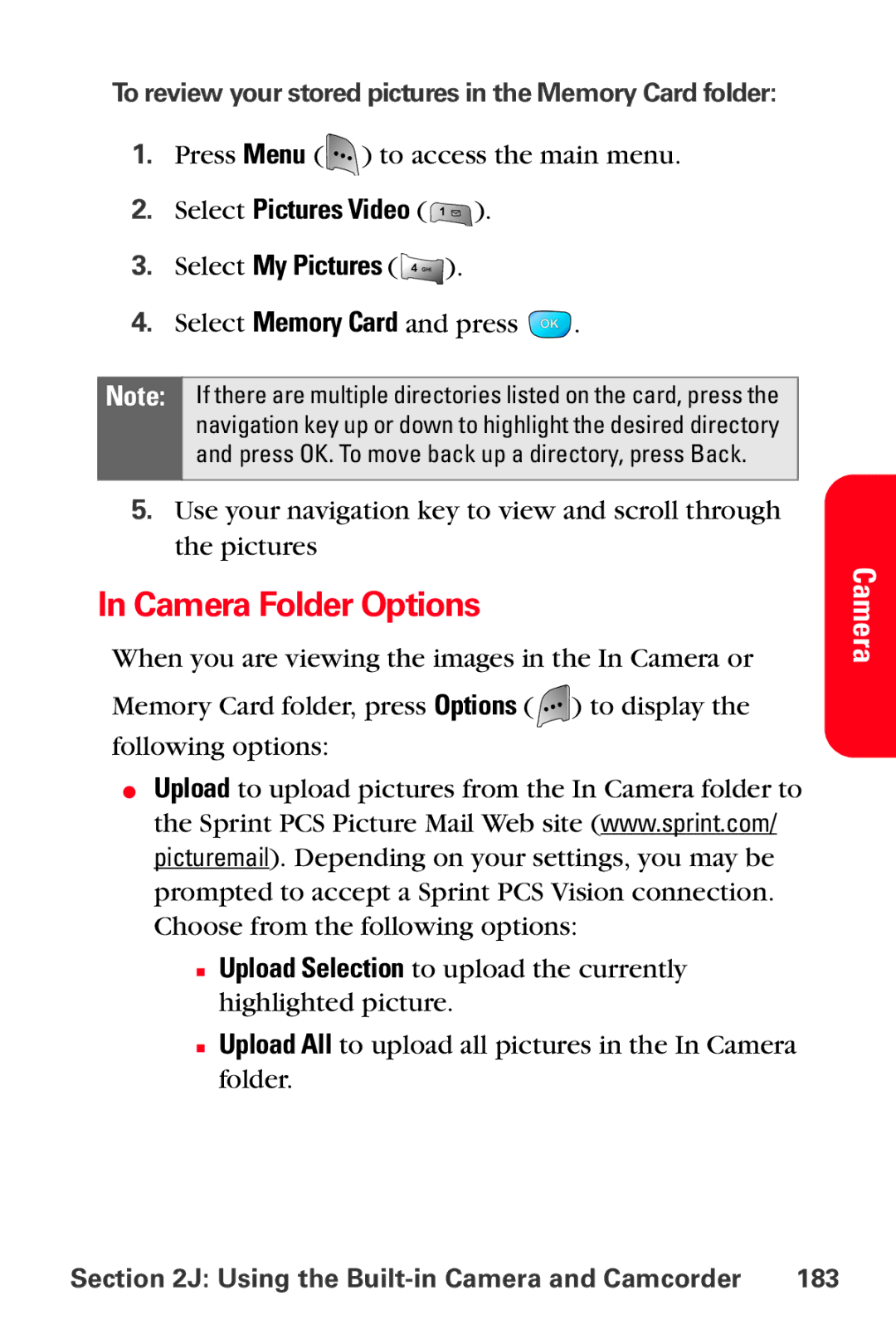 Samsung MM-A800 manual Camera Folder Options, Using the Built-in Camera and Camcorder 183 