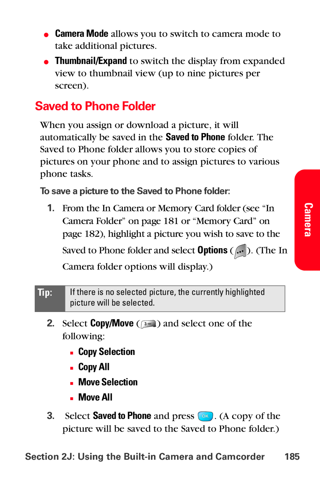 Samsung MM-A800 manual Saved to Phone Folder, Copy Selection Copy All Move Selection Move All 