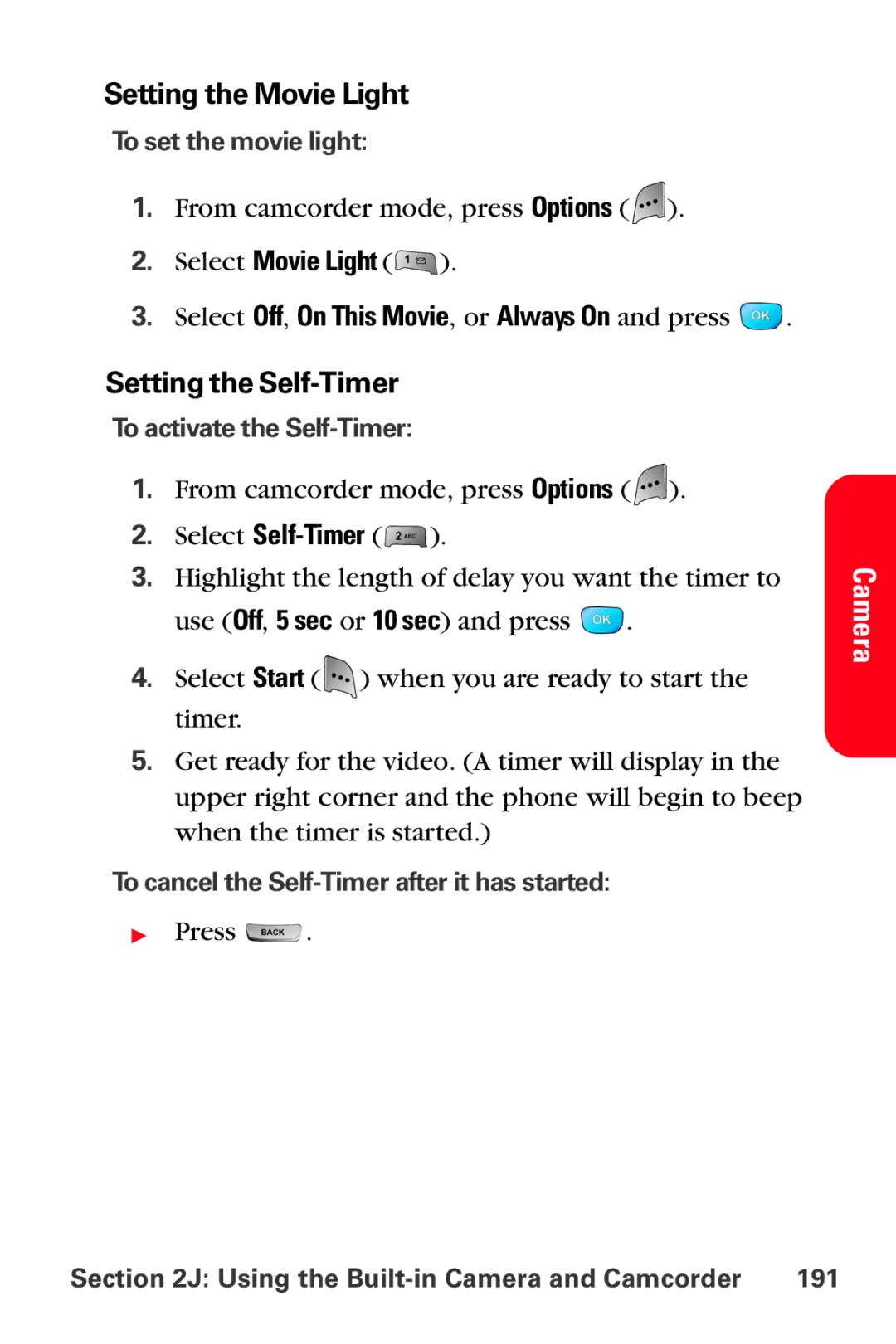 Samsung MM-A800 manual Setting the Movie Light, To set the movie light, Using the Built-in Camera and Camcorder 191 