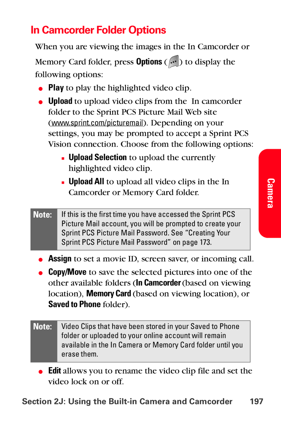 Samsung MM-A800 manual Camcorder Folder Options, Using the Built-in Camera and Camcorder 197 