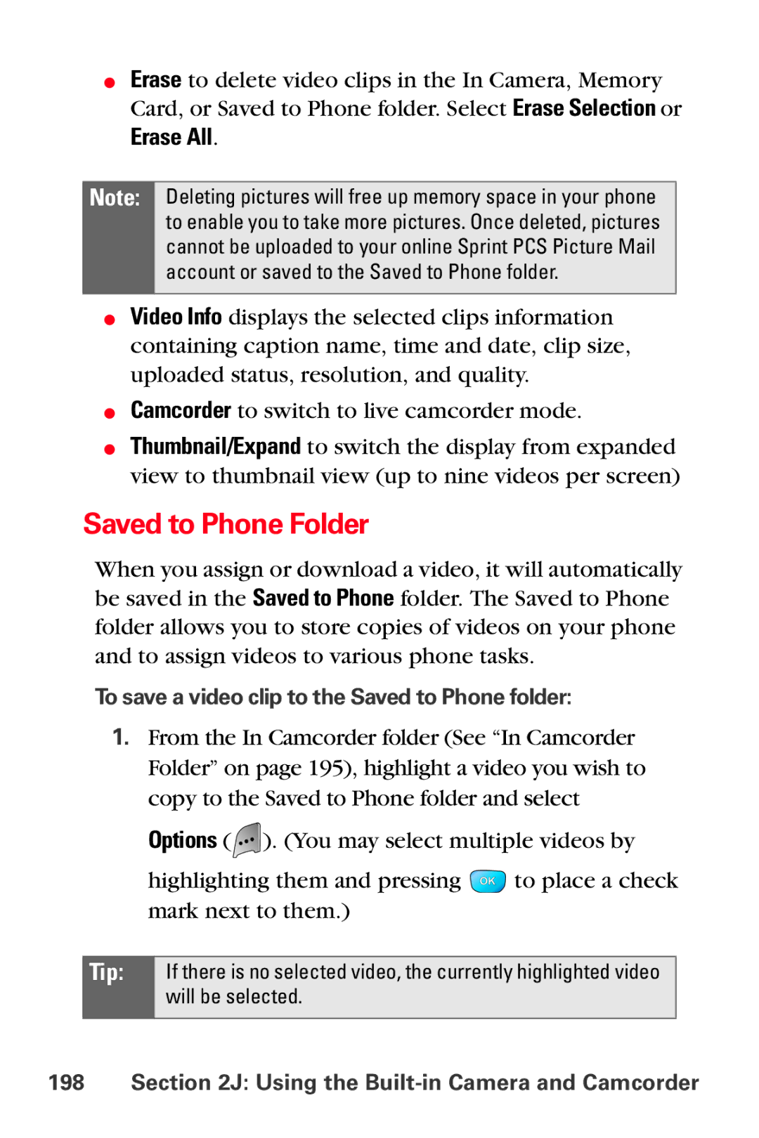 Samsung MM-A800 manual Erase All, To save a video clip to the Saved to Phone folder 