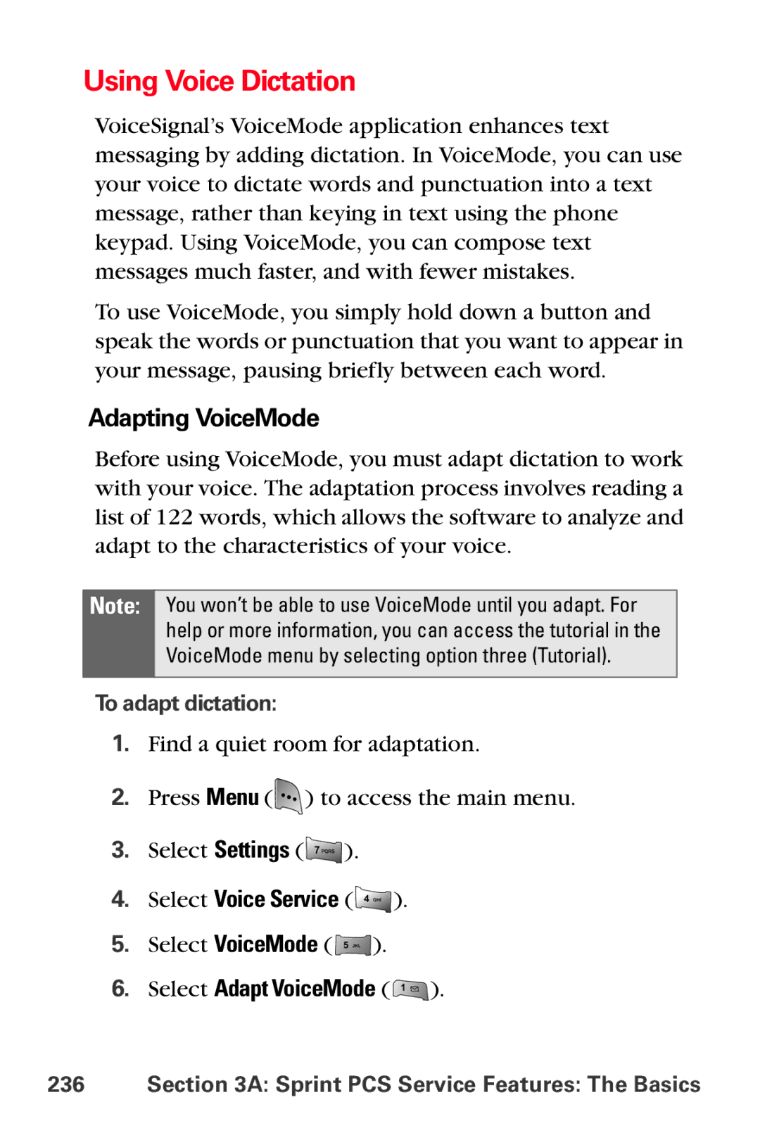 Samsung MM-A800 manual Using Voice Dictation, Adapting VoiceMode, Select Voice Service, Select Adapt VoiceMode 