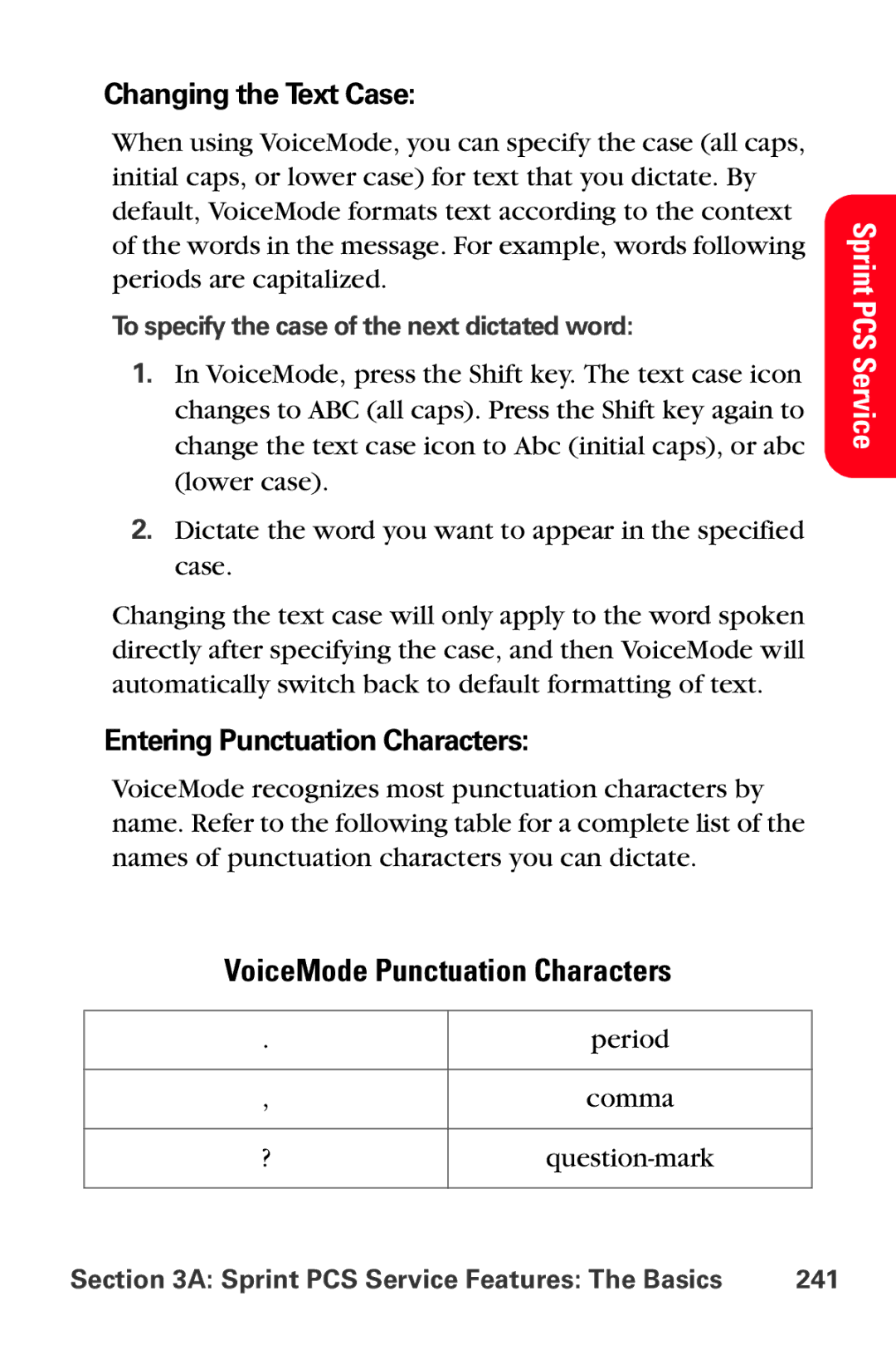 Samsung MM-A800 manual Changing the Text Case, Entering Punctuation Characters, VoiceMode Punctuation Characters 