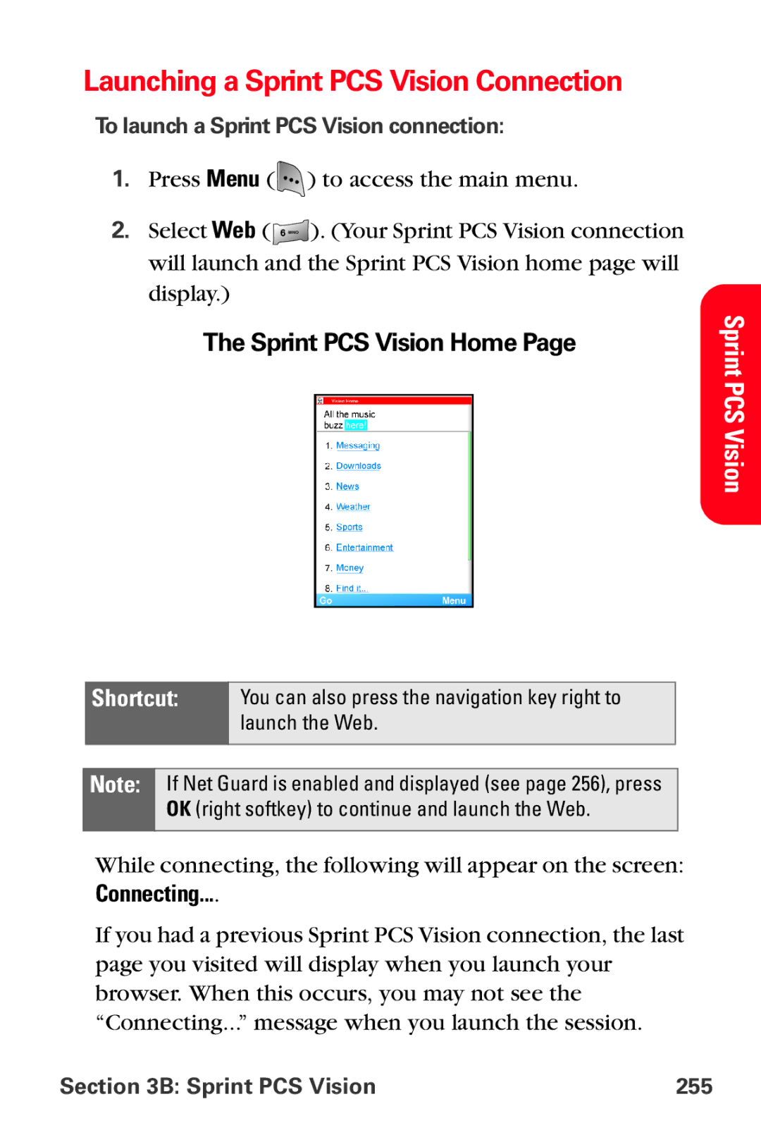 Samsung MM-A800 Launching a Sprint PCS Vision Connection, Sprint PCS Vision Home, To launch a Sprint PCS Vision connection 