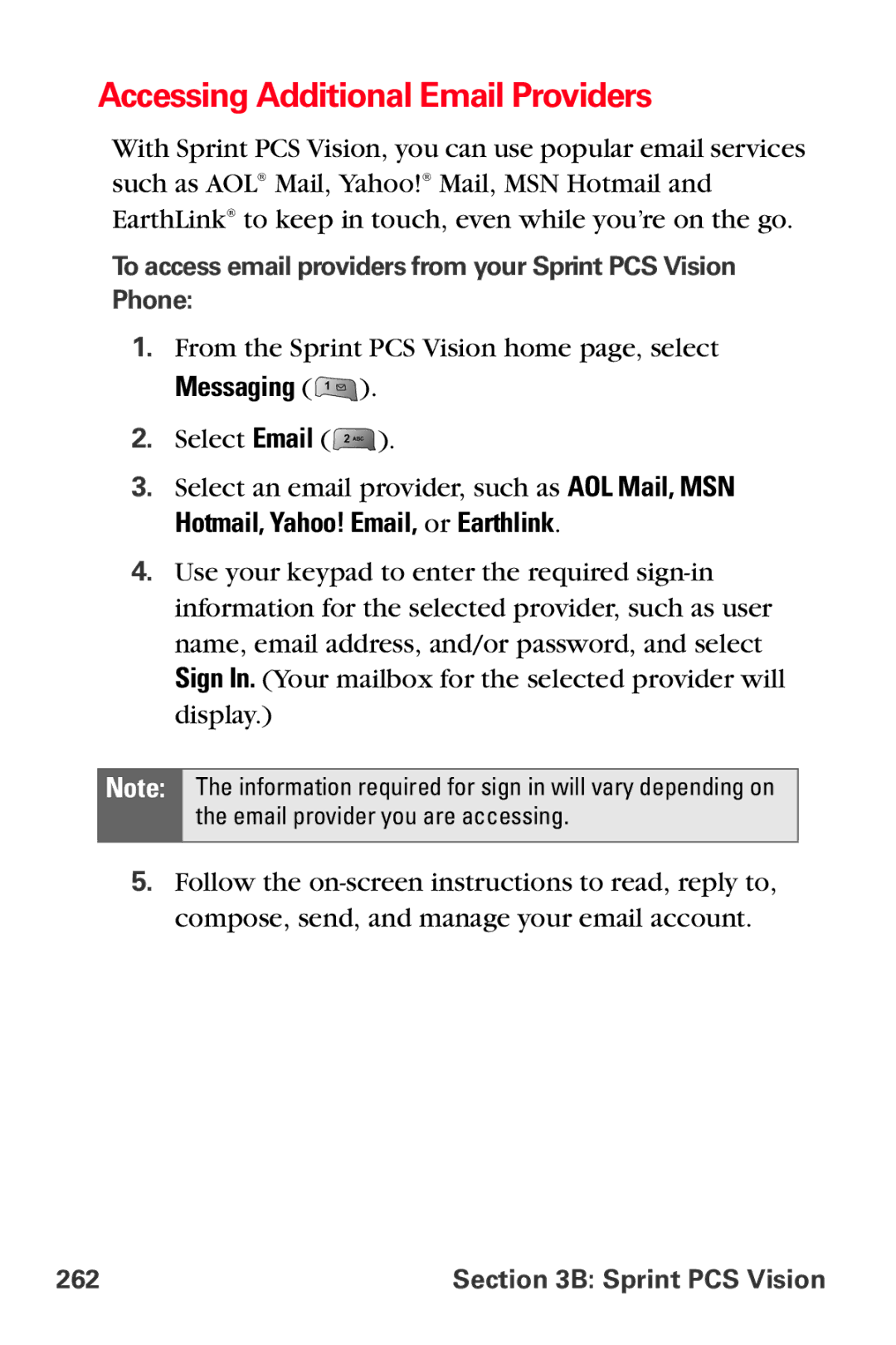 Samsung MM-A800 manual Accessing Additional Email Providers, Messaging, Sprint PCS Vision 