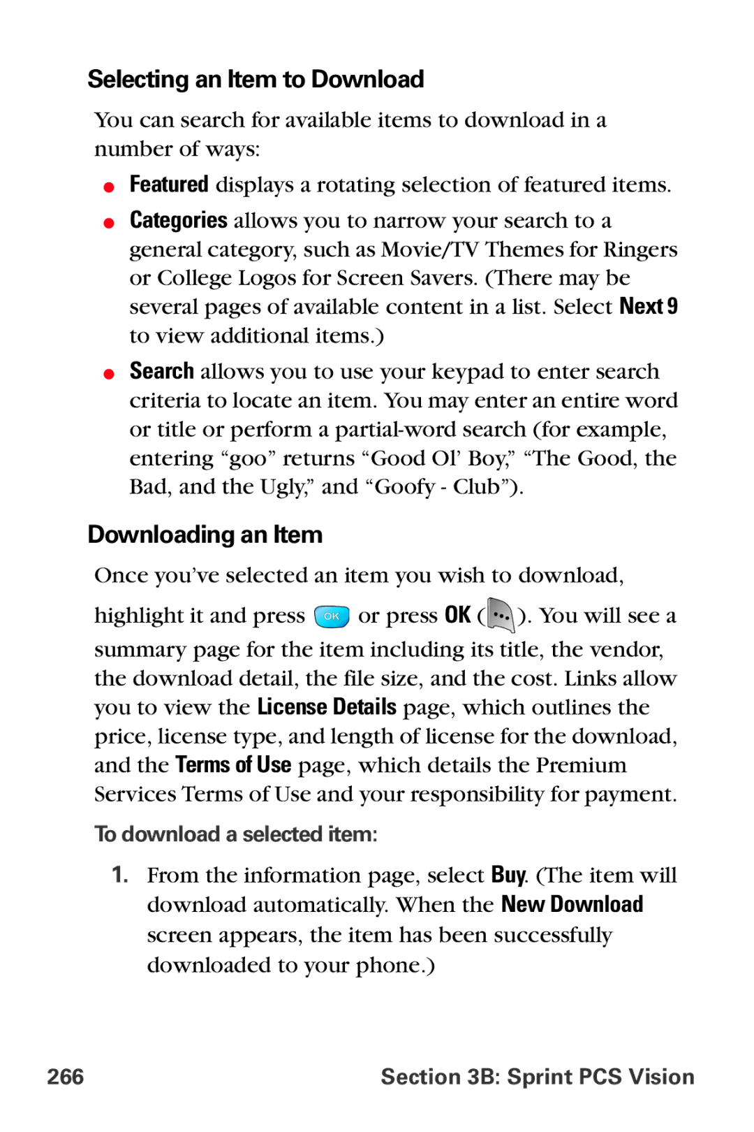 Samsung MM-A800 manual Selecting an Item to Download, Downloading an Item, To download a selected item, Sprint PCS Vision 