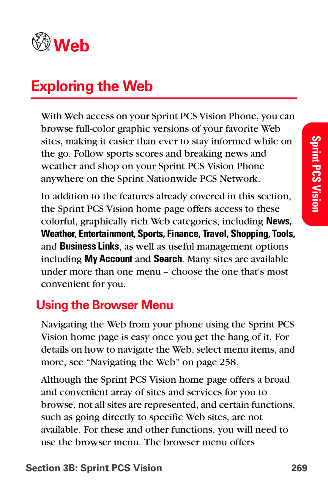 Samsung MM-A800 manual Exploring the Web, Using the Browser Menu, Sprint PCS Vision 269 