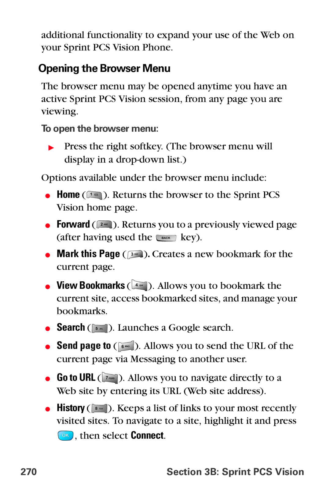 Samsung MM-A800 manual Opening the Browser Menu, To open the browser menu, 270 