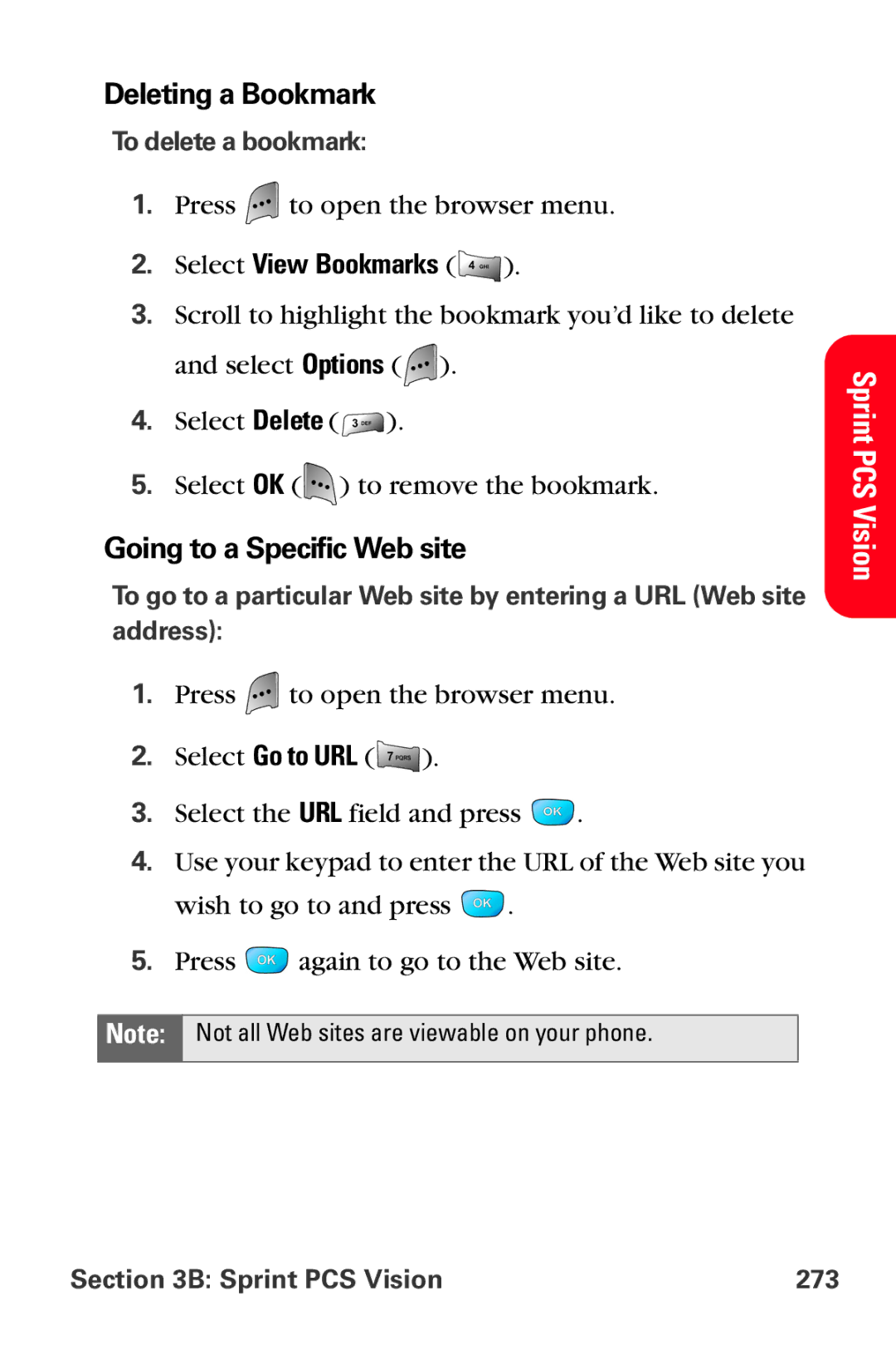 Samsung MM-A800 manual Deleting a Bookmark, Going to a Specific Web site, To delete a bookmark, Sprint PCS Vision 273 