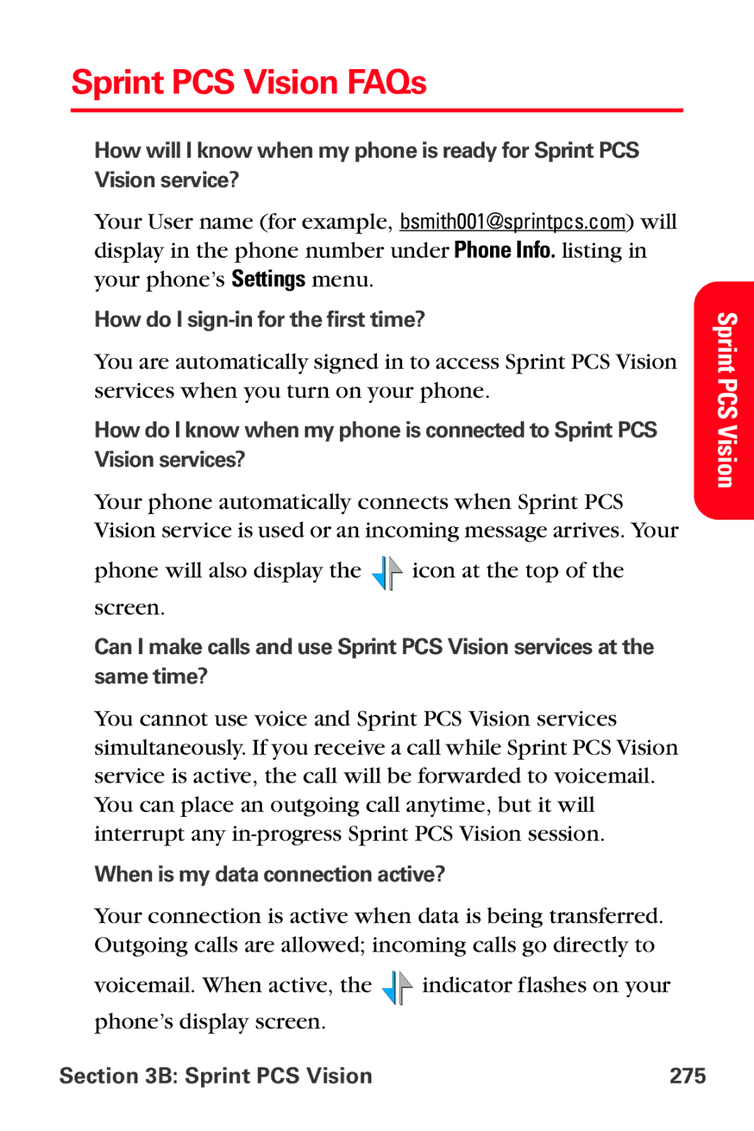 Samsung MM-A800 manual Sprint PCS Vision FAQs, When is my data connection active?, Sprint PCS Vision 275 