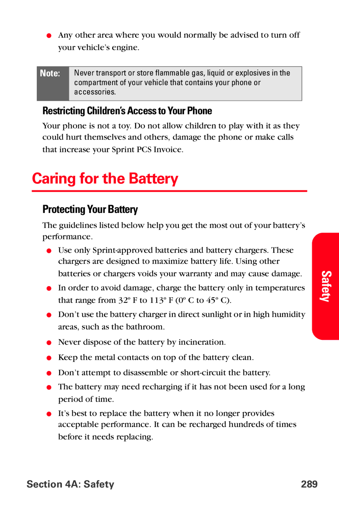 Samsung MM-A800 Caring for the Battery, Protecting Your Battery, Restricting Children’s Access to Your Phone, Safety 289 