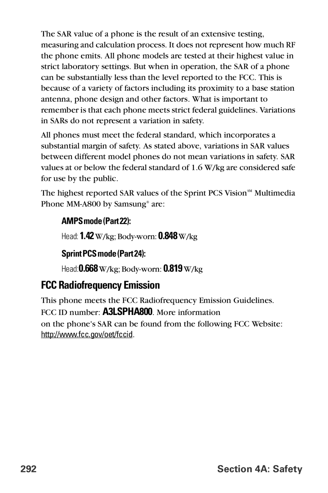 Samsung MM-A800 manual FCC Radiofrequency Emission, Safety 