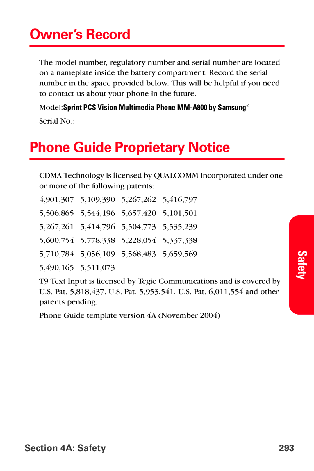 Samsung MM-A800 manual Owner’s Record, Phone Guide Proprietary Notice, Safety 293 