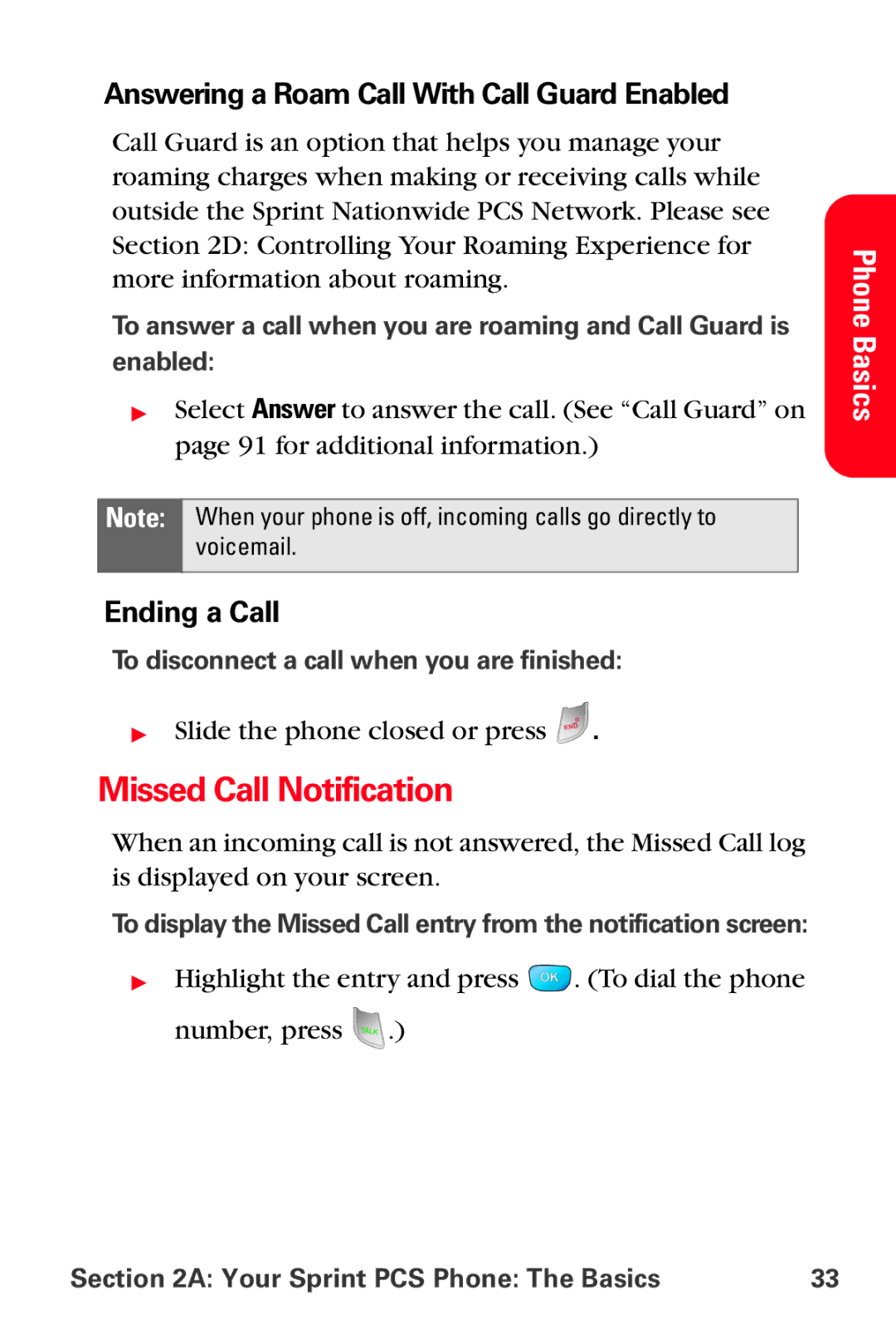 Samsung MM-A800 manual Missed Call Notification, Answering a Roam Call With Call Guard Enabled, Ending a Call 