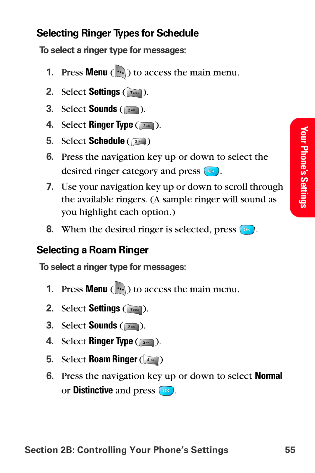 Samsung MM-A800 manual Selecting Ringer Types for Schedule, Selecting a Roam Ringer, Select Ringer Type Select Roam Ringer 