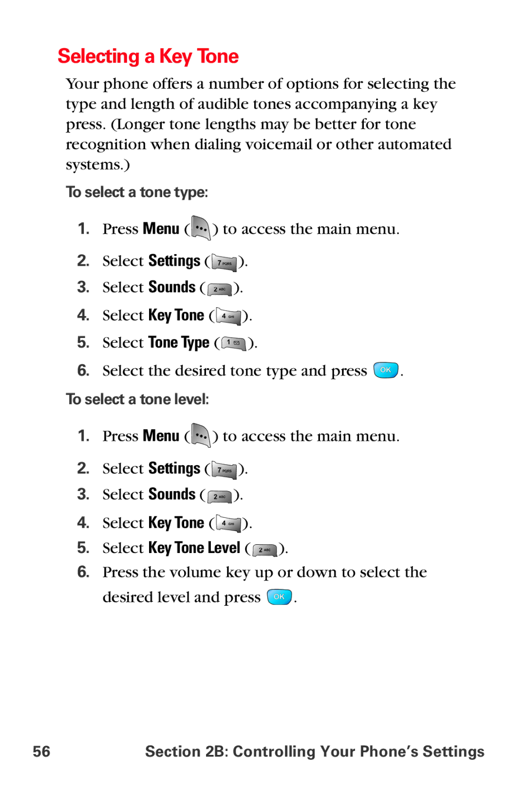 Samsung MM-A800 manual Selecting a Key Tone, Select Key Tone Level, To select a tone type, To select a tone level 