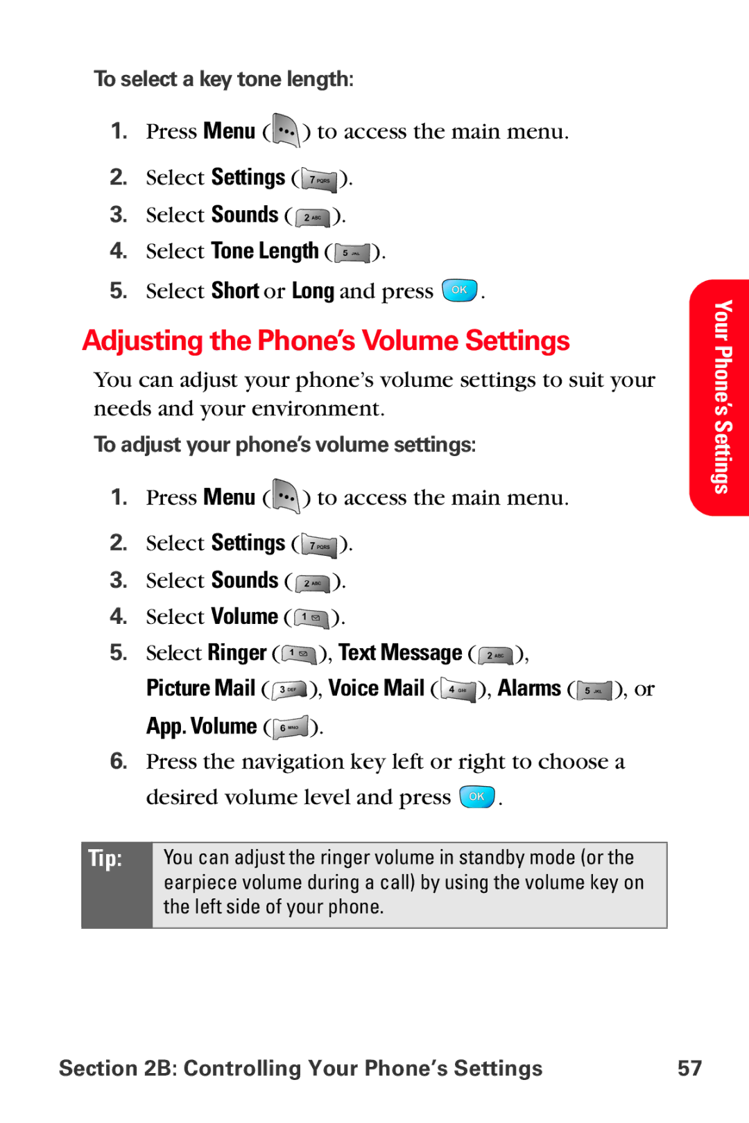 Samsung MM-A800 manual Adjusting the Phone’s Volume Settings, Select Tone Length, To select a key tone length 