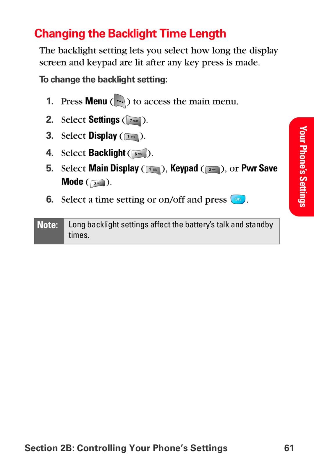 Samsung MM-A800 manual Changing the Backlight Time Length, Select Main Display , Keypad , or Pwr Save Mode 