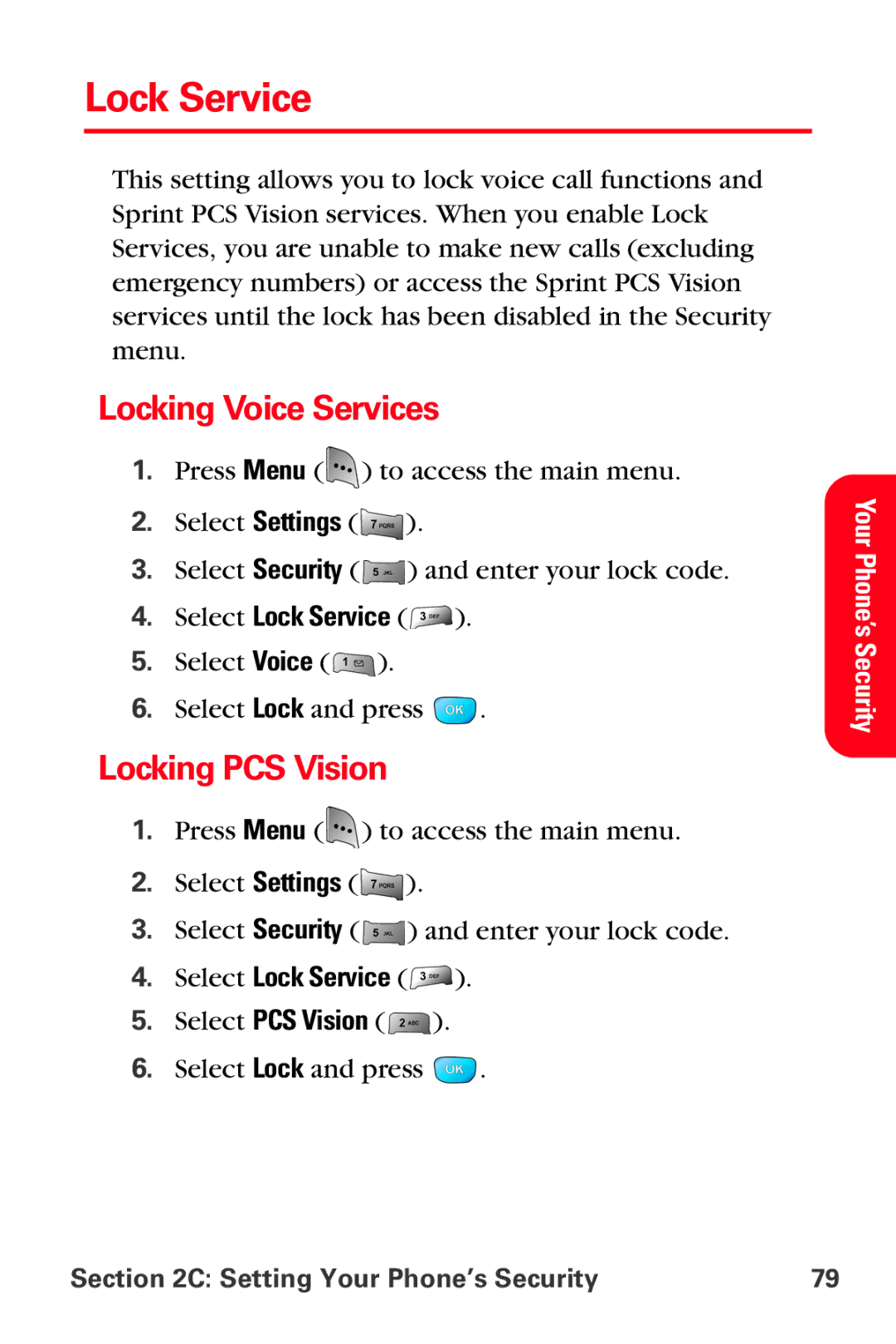 Samsung MM-A800 manual Locking Voice Services, Locking PCS Vision, Select Lock Service 