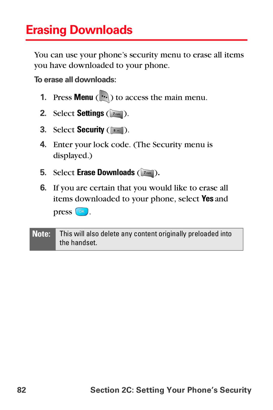 Samsung MM-A800 manual Erasing Downloads, Select Erase Downloads, To erase all downloads 