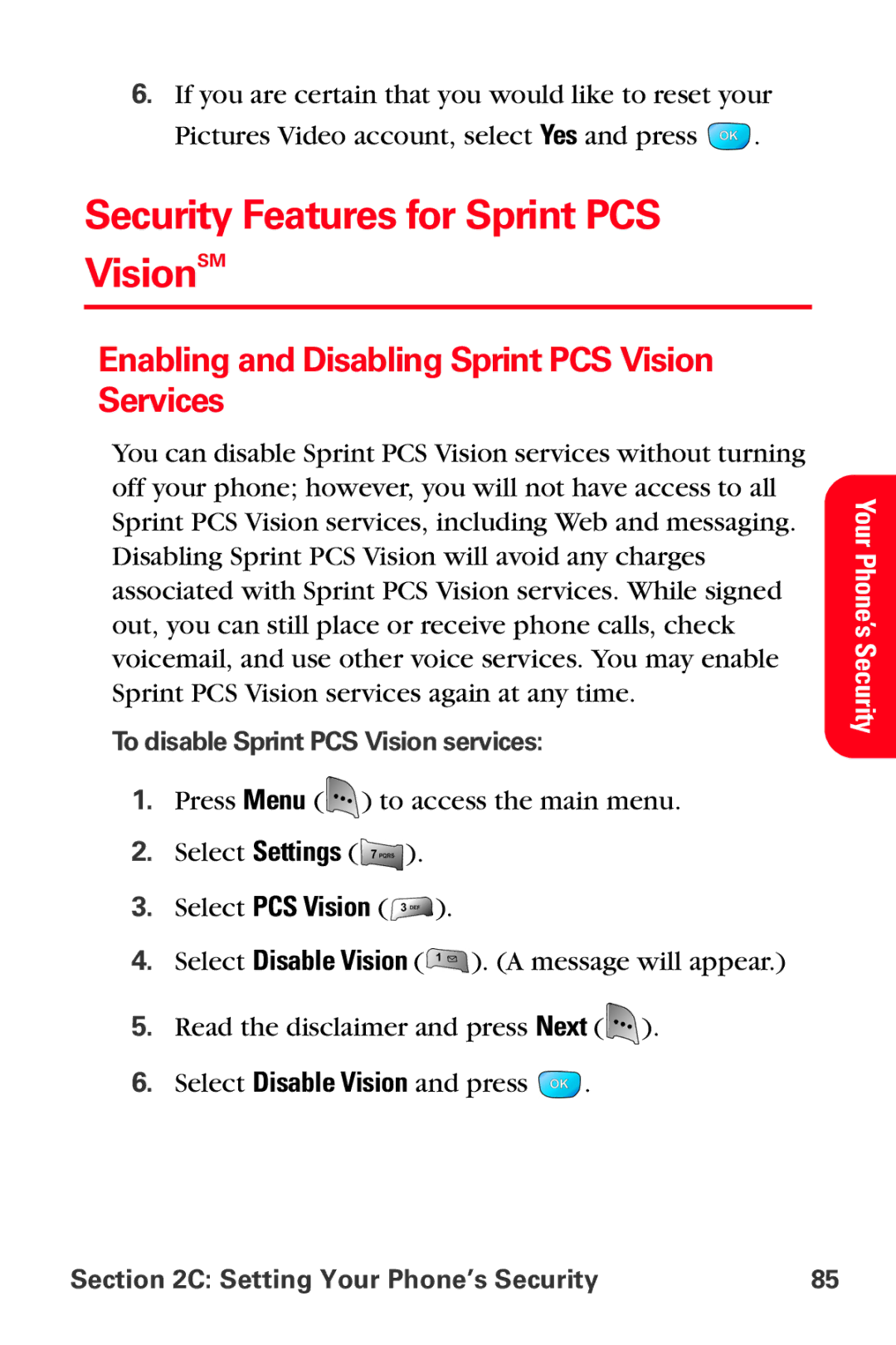 Samsung MM-A800 manual Security Features for Sprint PCS VisionSM, Enabling and Disabling Sprint PCS Vision Services 