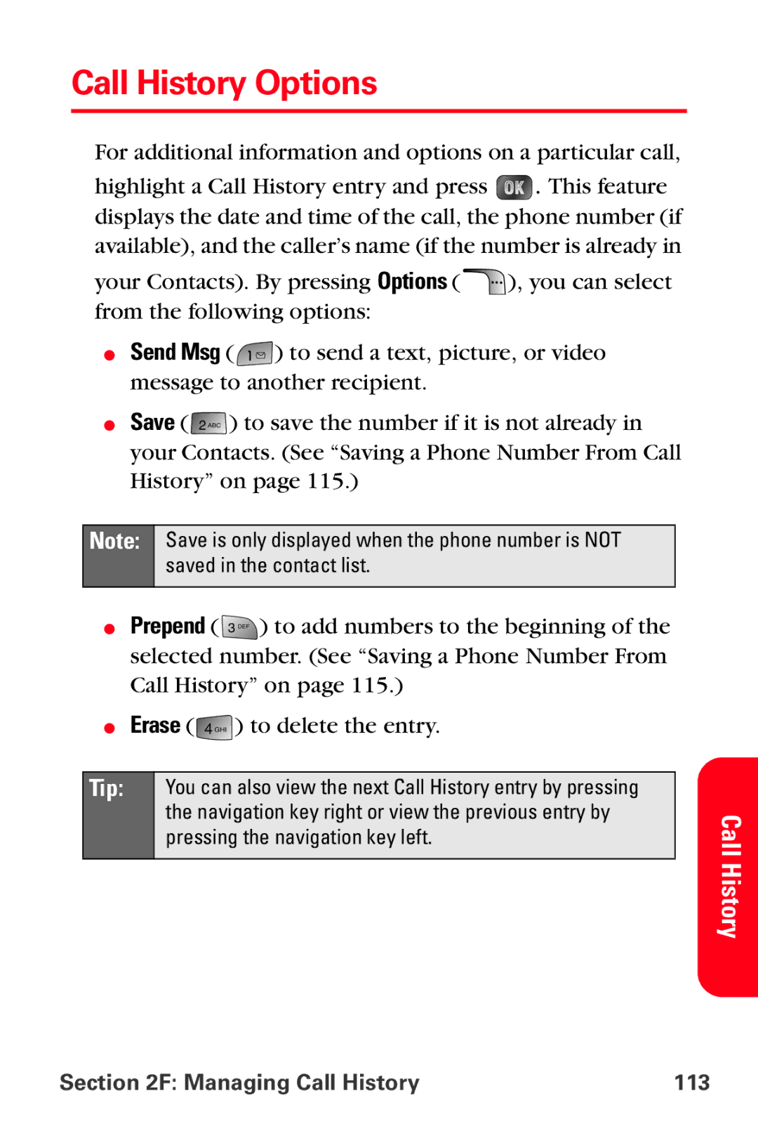 Samsung MM-A880 manual Call History Options, Managing Call History 113 