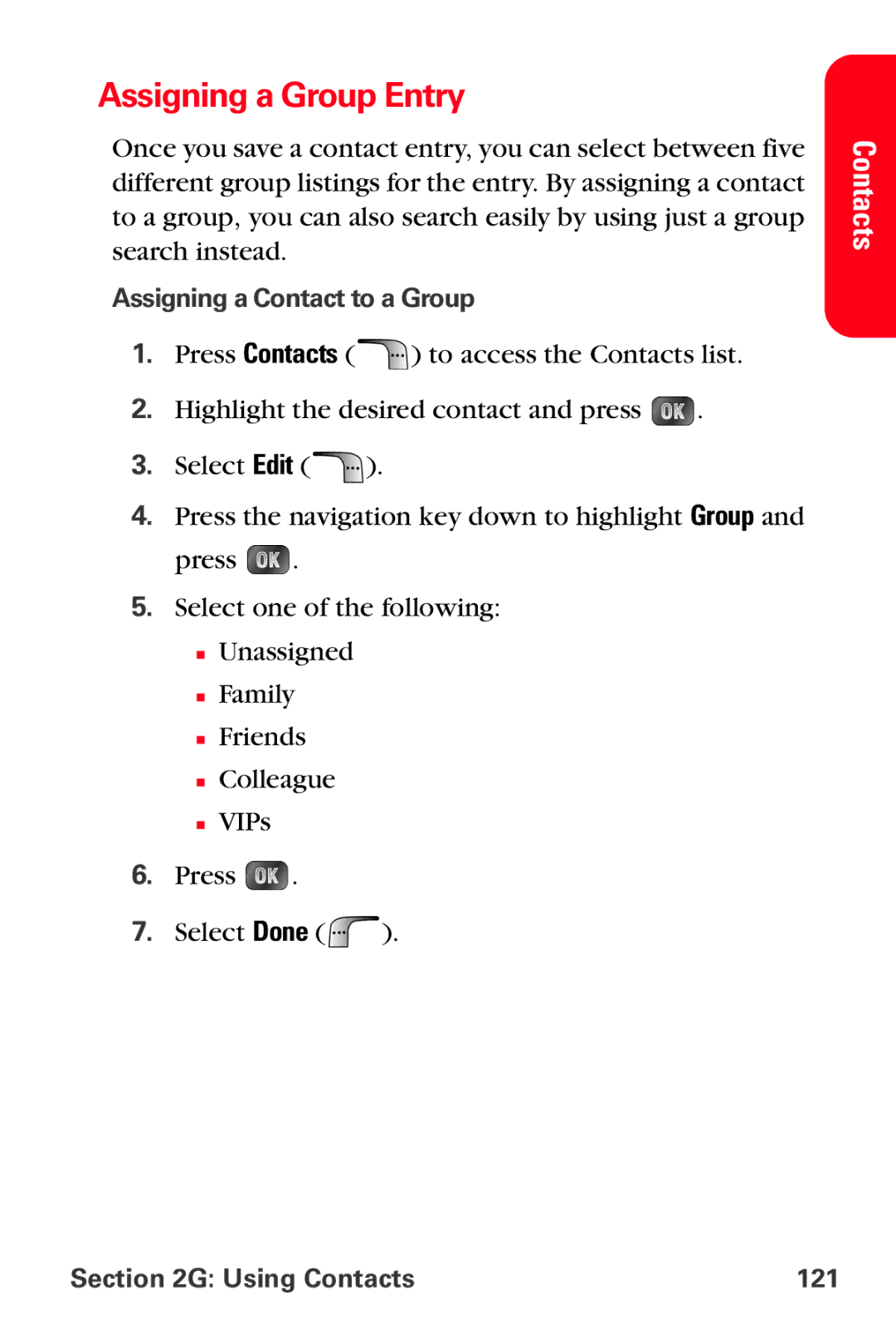 Samsung MM-A880 manual Assigning a Group Entry, Assigning a Contact to a Group, Using Contacts 121 