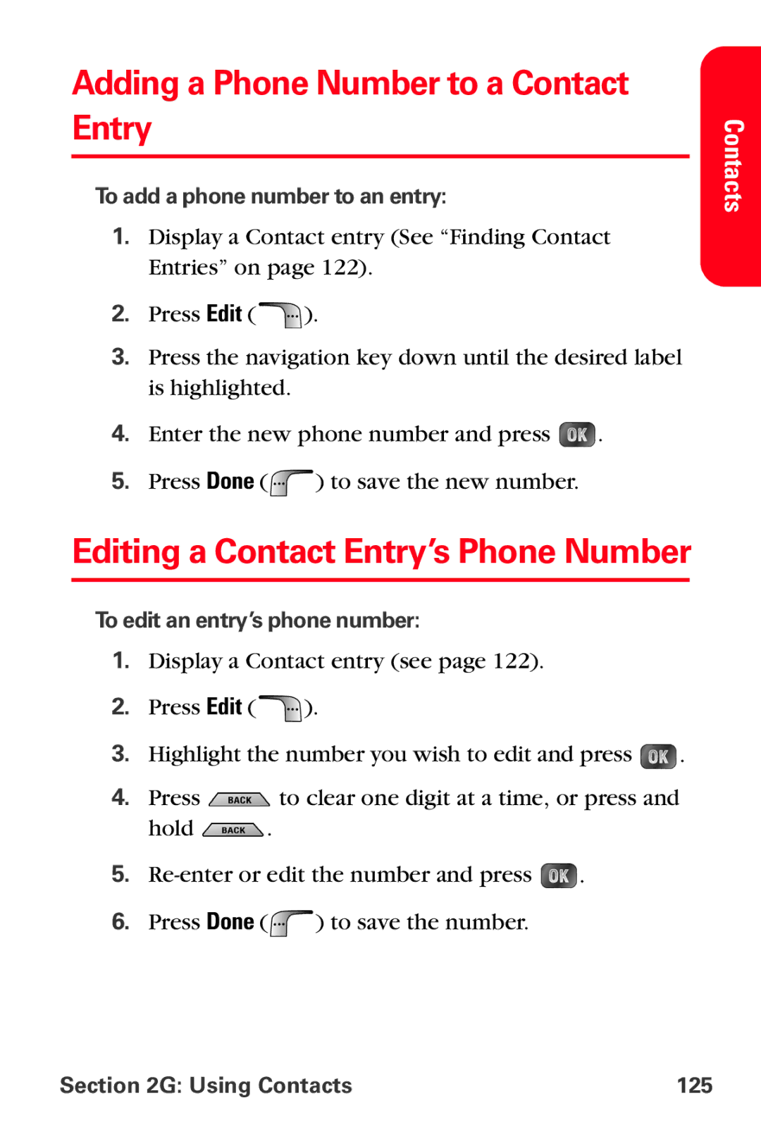 Samsung MM-A880 manual Adding a Phone Number to a Contact Entry, Editing a Contact Entry’s Phone Number, Using Contacts 125 