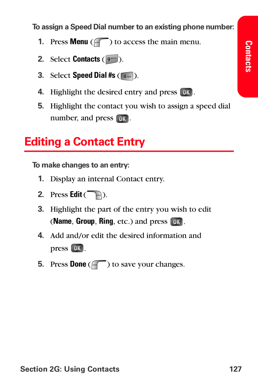 Samsung MM-A880 manual Editing a Contact Entry, To make changes to an entry, Using Contacts 127 