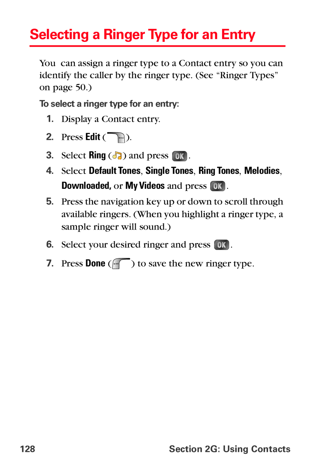 Samsung MM-A880 manual Selecting a Ringer Type for an Entry, Downloaded, or My Videos and press, Using Contacts 