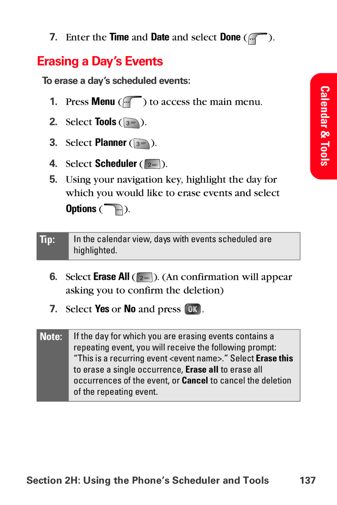 Samsung MM-A880 manual Erasing a Day’s Events, Options, To erase a day’s scheduled events 