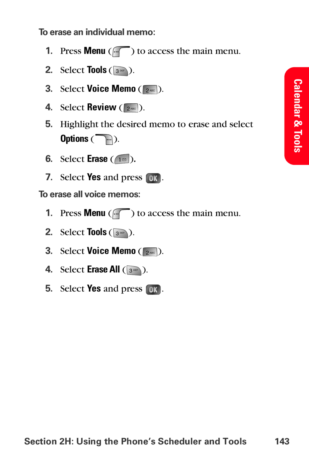 Samsung MM-A880 manual To erase an individual memo, To erase all voice memos, Using the Phone’s Scheduler and Tools 143 