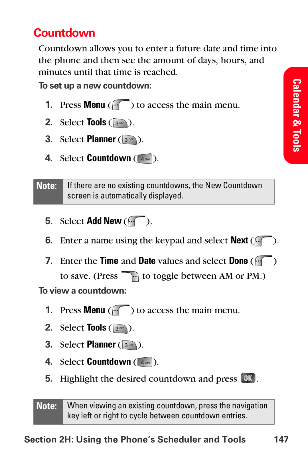 Samsung MM-A880 manual Countdown, To set up a new countdown, To view a countdown, Using the Phone’s Scheduler and Tools 147 