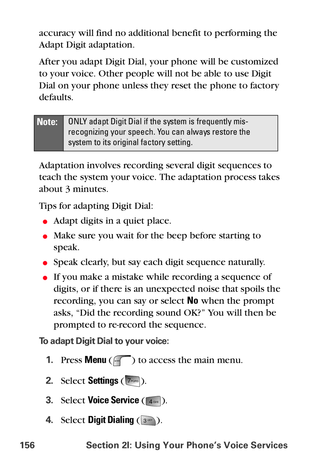 Samsung MM-A880 manual Select Voice Service Select Digit Dialing, To adapt Digit Dial to your voice, 156 