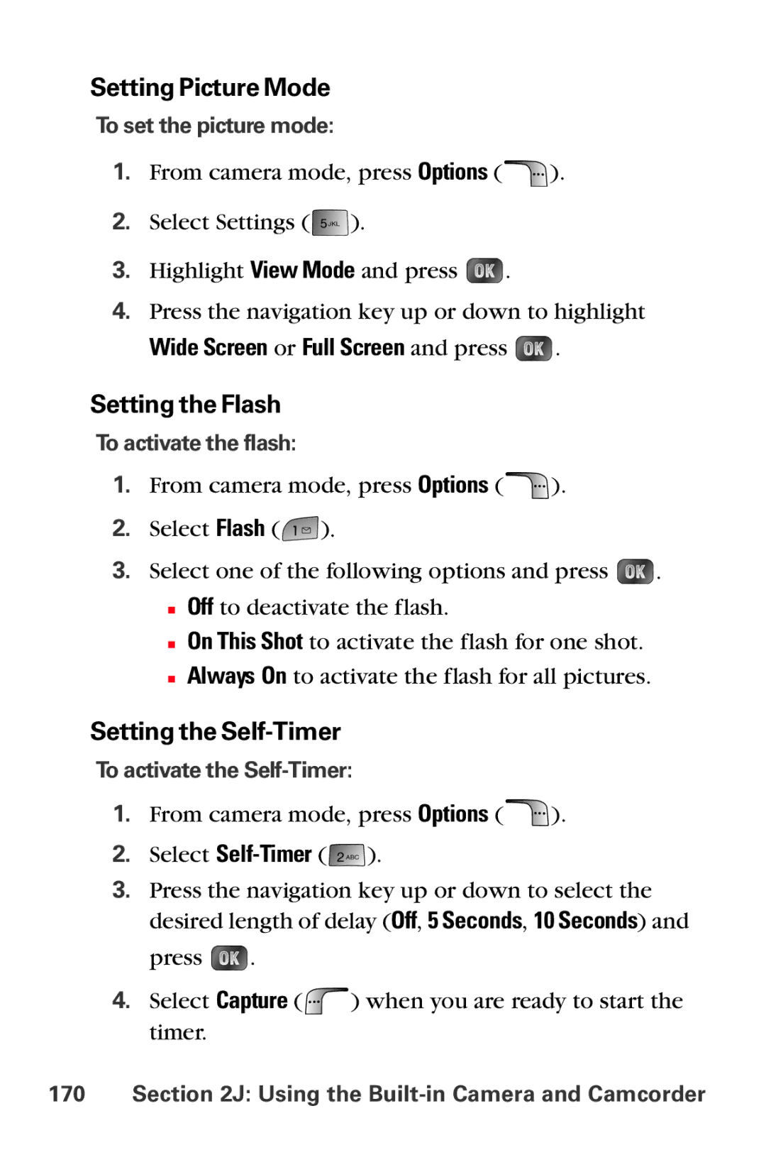 Samsung MM-A880 Setting Picture Mode, Setting the Flash, Setting the Self-Timer, Wide Screen or Full Screen and press 