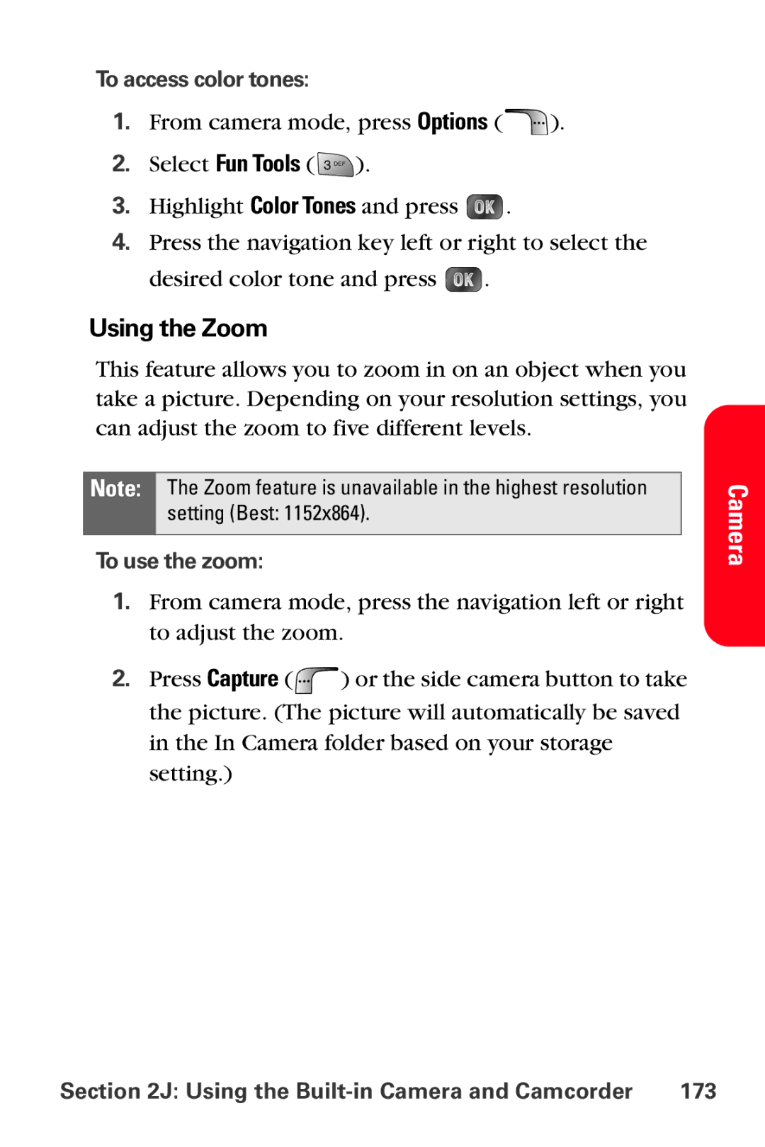 Samsung MM-A880 manual Using the Zoom, To access color tones, To use the zoom, Using the Built-in Camera and Camcorder 173 