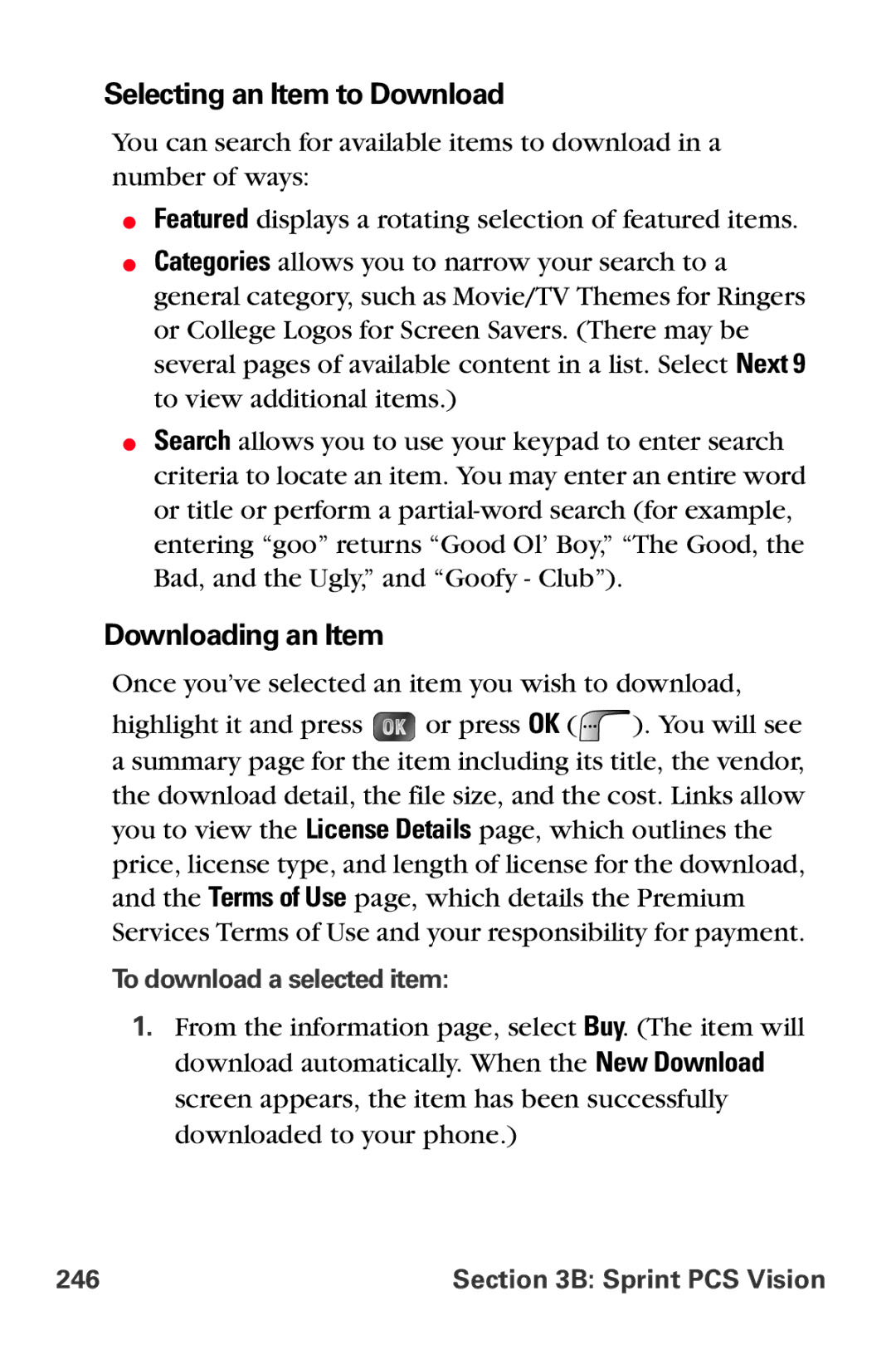 Samsung MM-A880 manual Selecting an Item to Download, Downloading an Item, To download a selected item, Sprint PCS Vision 