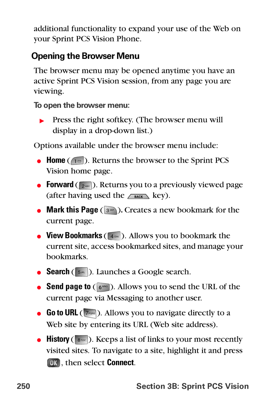 Samsung MM-A880 manual Opening the Browser Menu, To open the browser menu, 250 