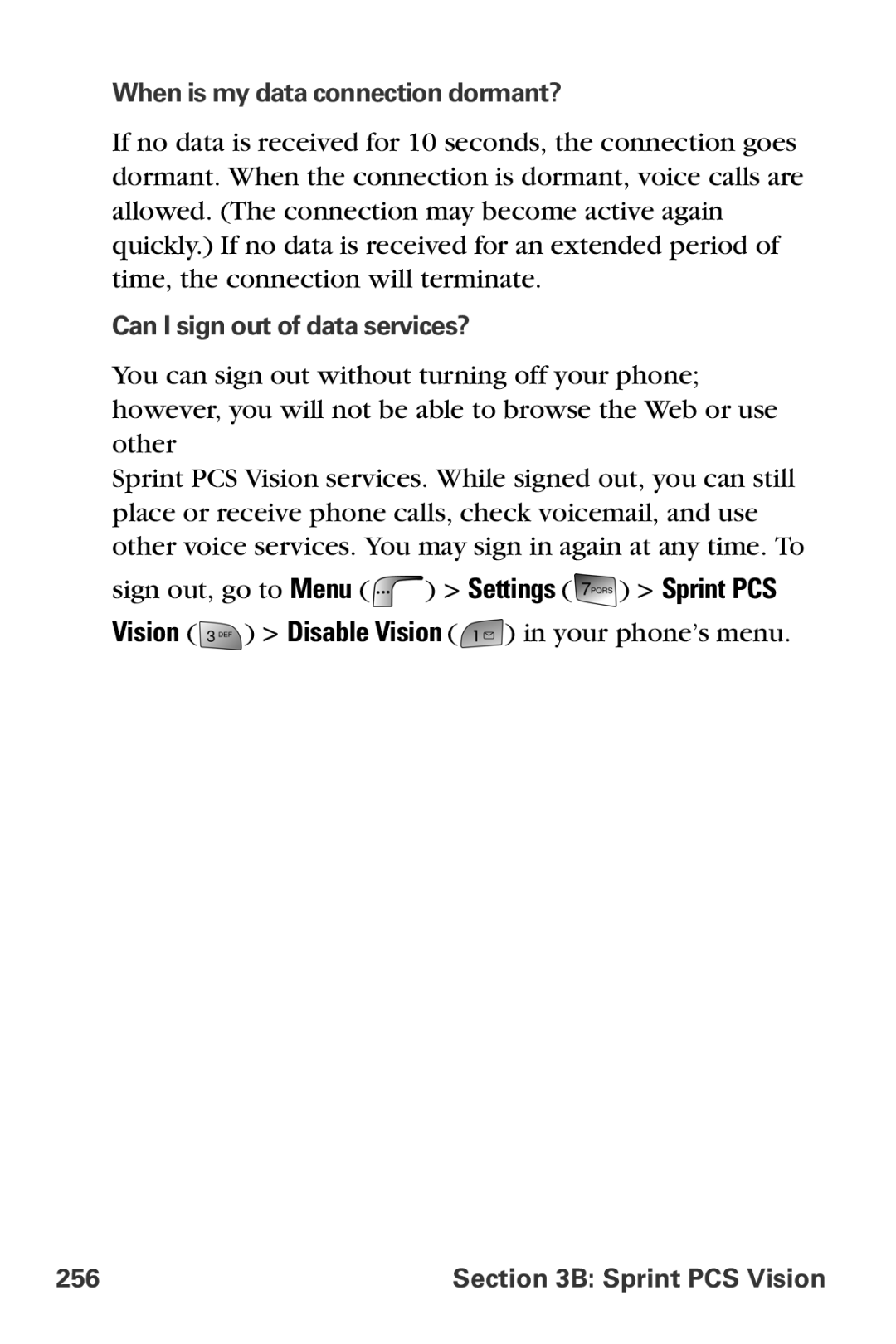 Samsung MM-A880 manual When is my data connection dormant?, Can I sign out of data services?, Sprint PCS Vision 