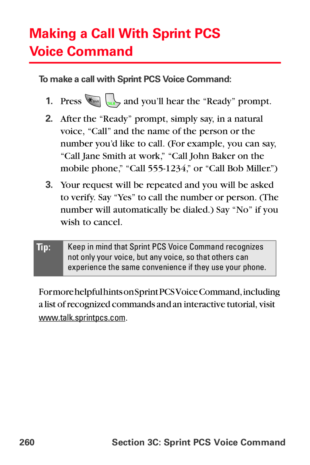 Samsung MM-A880 manual Making a Call With Sprint PCS Voice Command, To make a call with Sprint PCS Voice Command, 260 