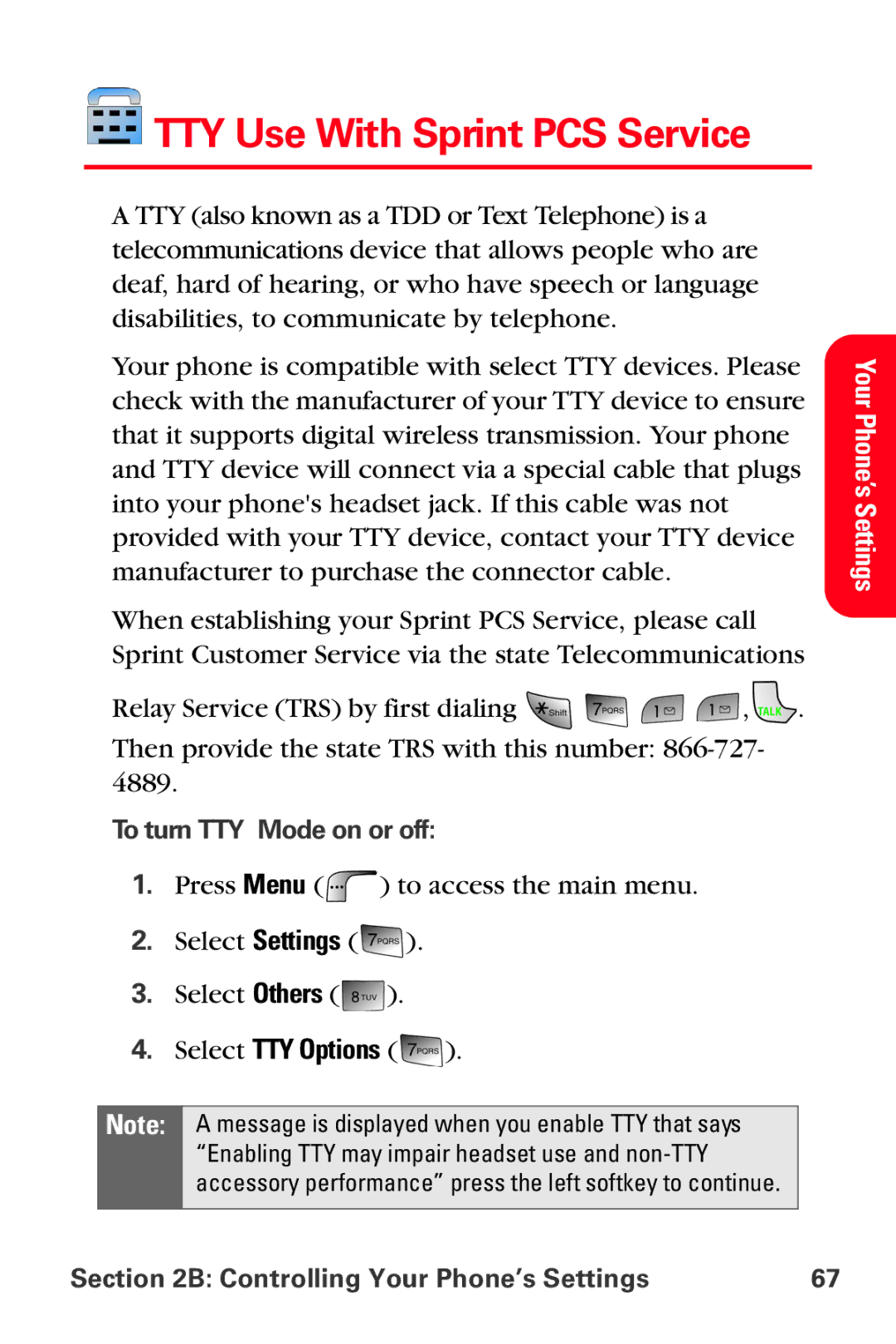 Samsung MM-A880 manual TTY Use With Sprint PCS Service, Select TTY Options, To turn TTY Mode on or off 