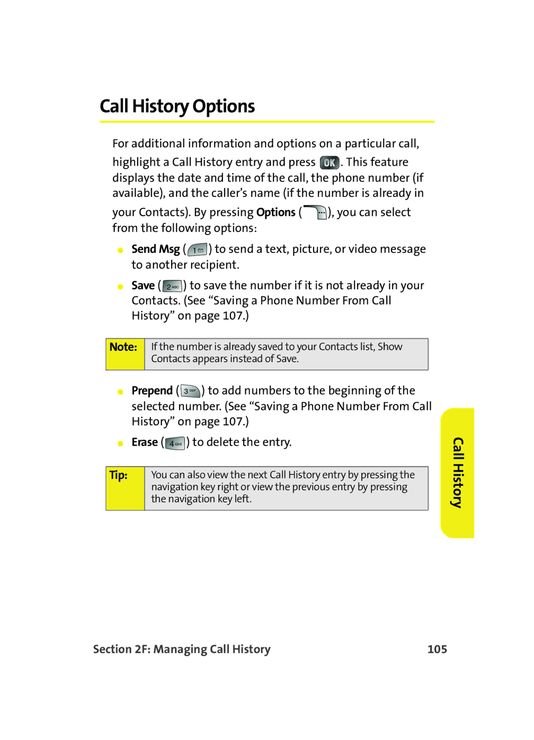 Samsung MM A880 manual Call History Options, Managing Call History 105 