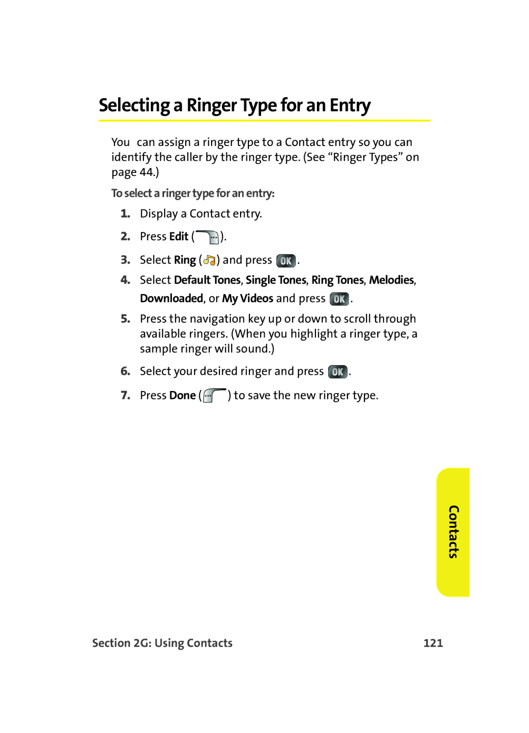 Samsung MM A880 manual Selecting a Ringer Type for an Entry, To select a ringer type for an entry, Using Contacts 121 