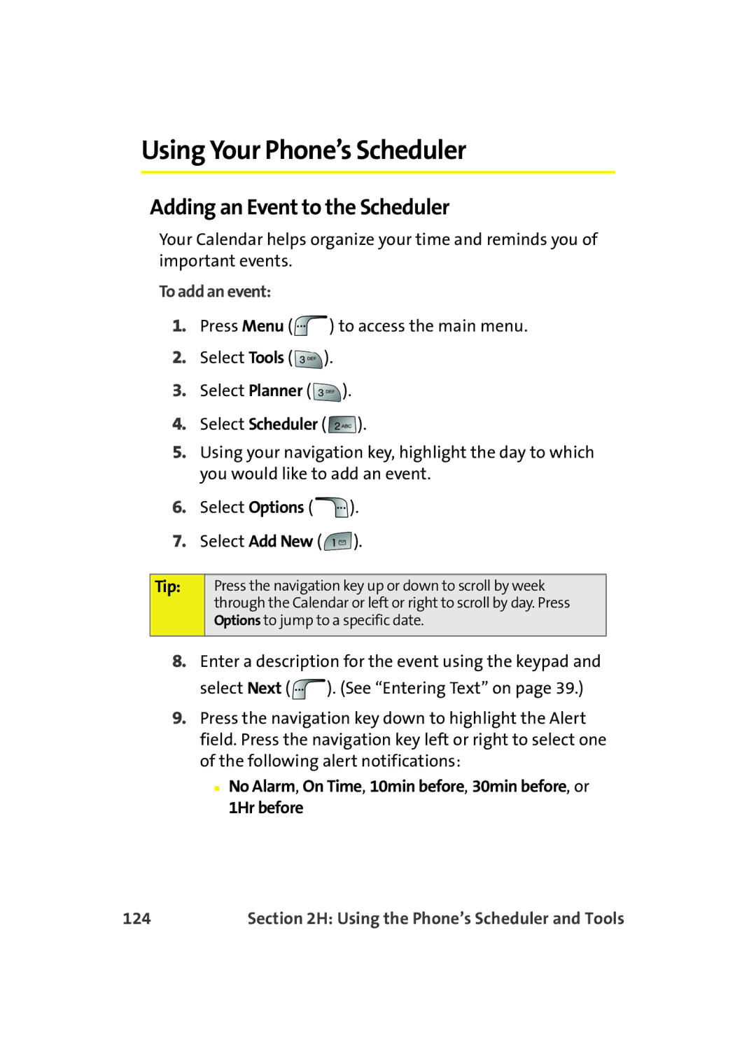 Samsung MM A880 manual Using Your Phone’s Scheduler, Adding an Event to the Scheduler, To add an event, 124 