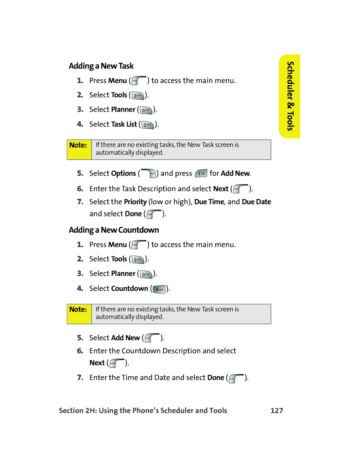 Samsung MM A880 manual Adding a New Task, Adding a New Countdown, Next, Using the Phone’s Scheduler and Tools 127 