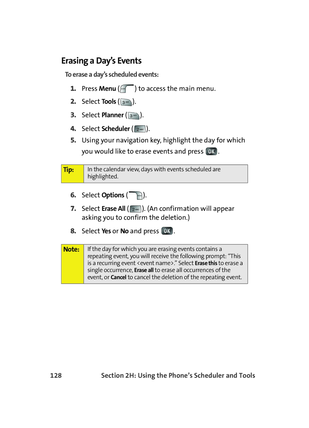 Samsung MM A880 manual Erasing a Day’s Events, To erase a day’s scheduled events, 128 